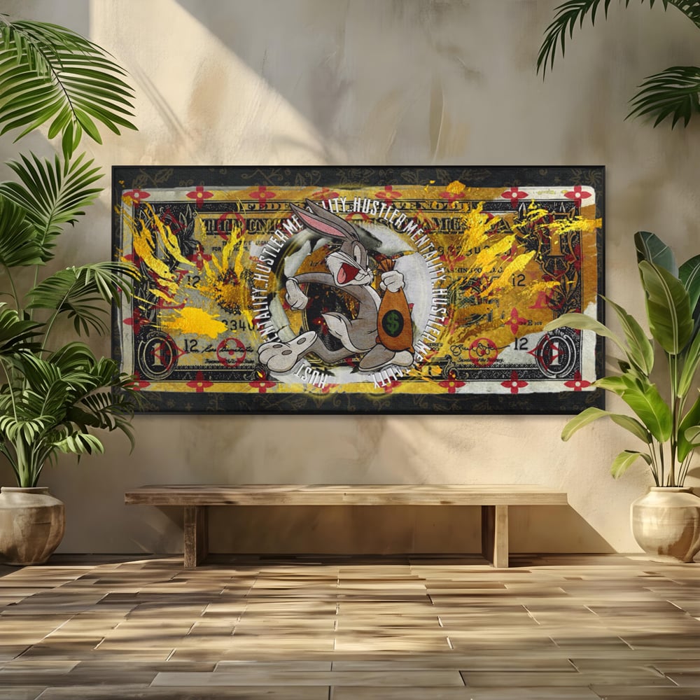 Tablou canvas cu tablou canvas cu dolar si bugs bunny, in rama de aluminiu negru